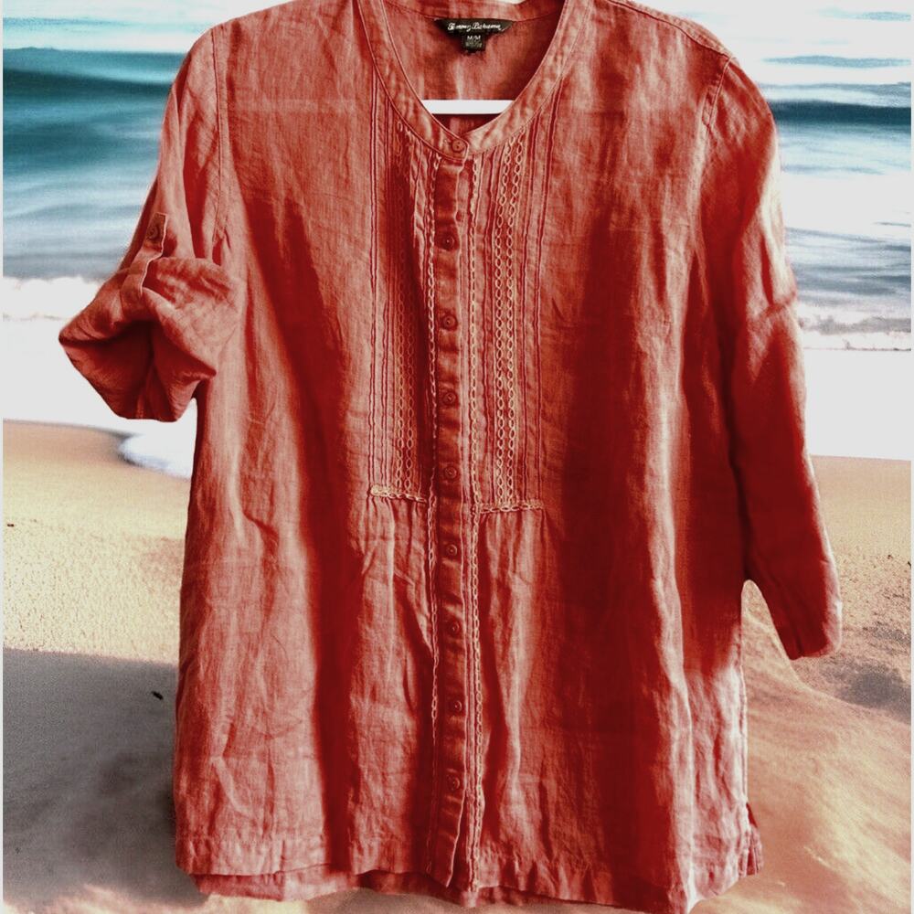tommy bahama women linen tunic top m coral roll sleeve orange boho beach coverup